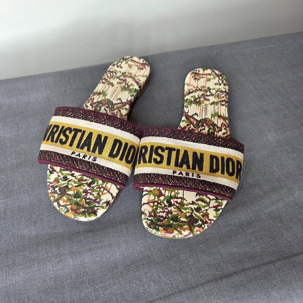 Dior Multicolor Canvas Logo Slide Sandals With Yellow Stripe